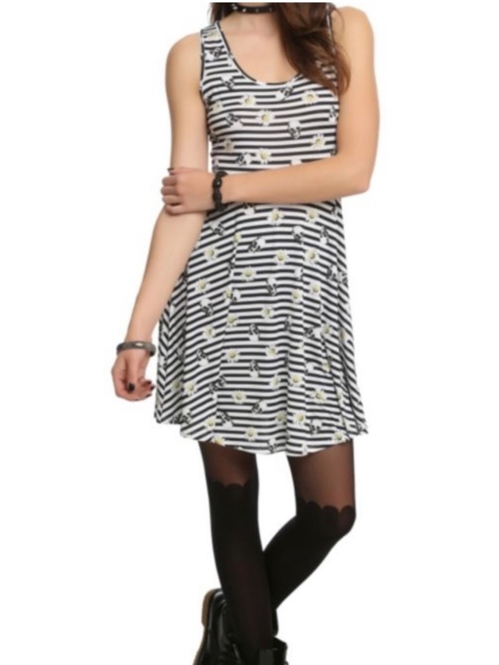 Hot Topic Black and White Striped Skull & Daisy Tank Dress
